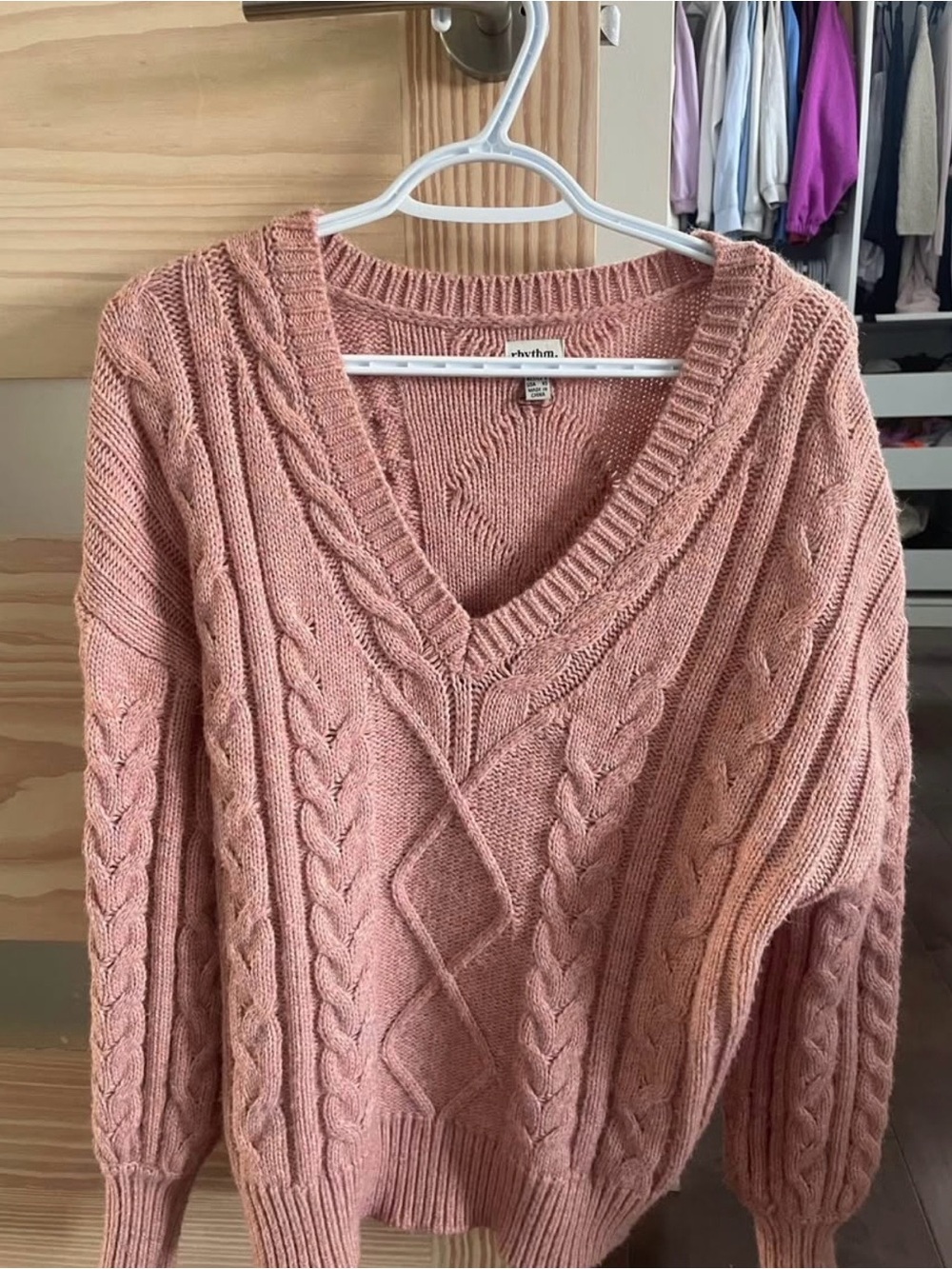 Rhythm Cable Knit V-Neck Sweater - Dusty Rose - xsmall